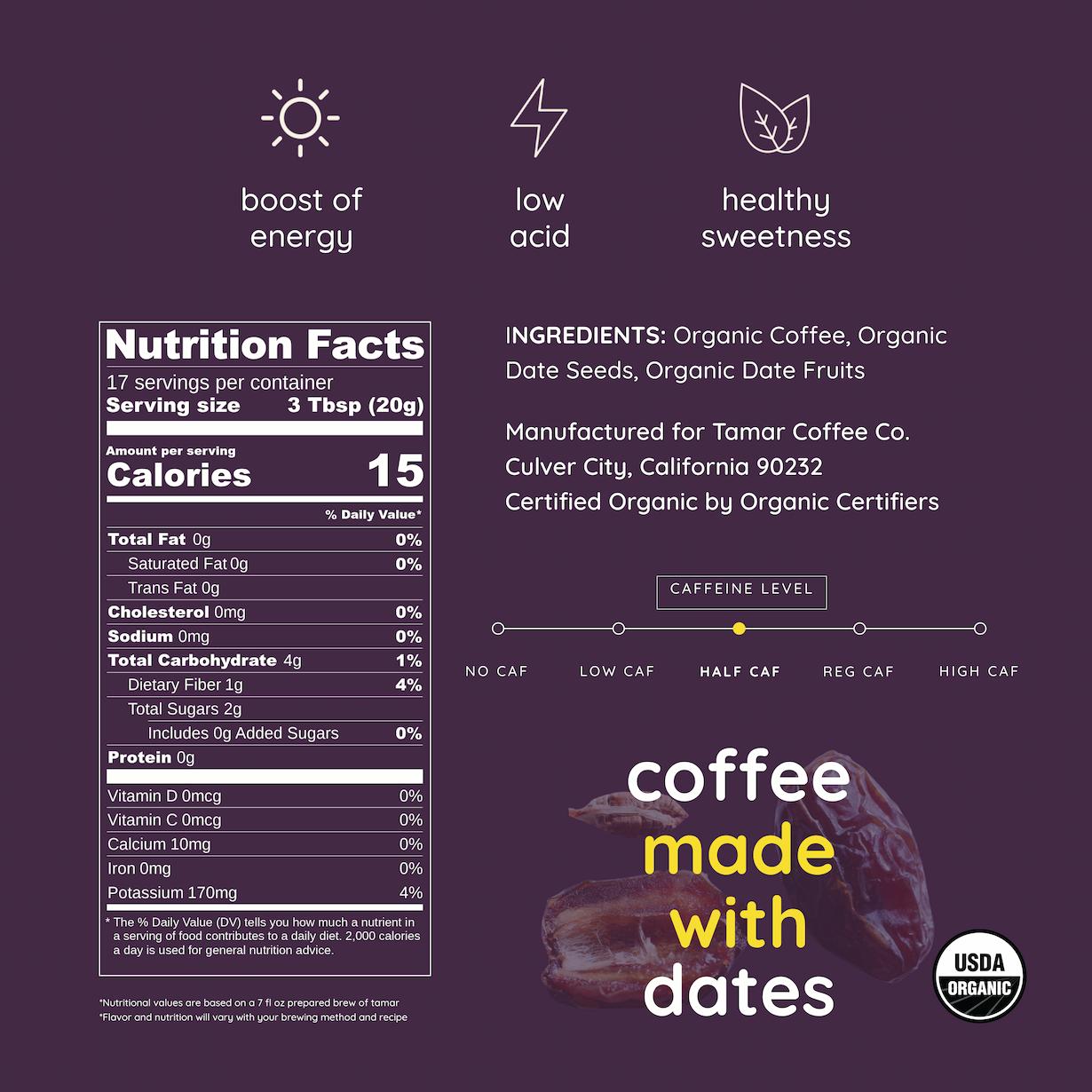 Tamar Balance Ingredients Nutritional Panel Fiber Potassium Date Coffee