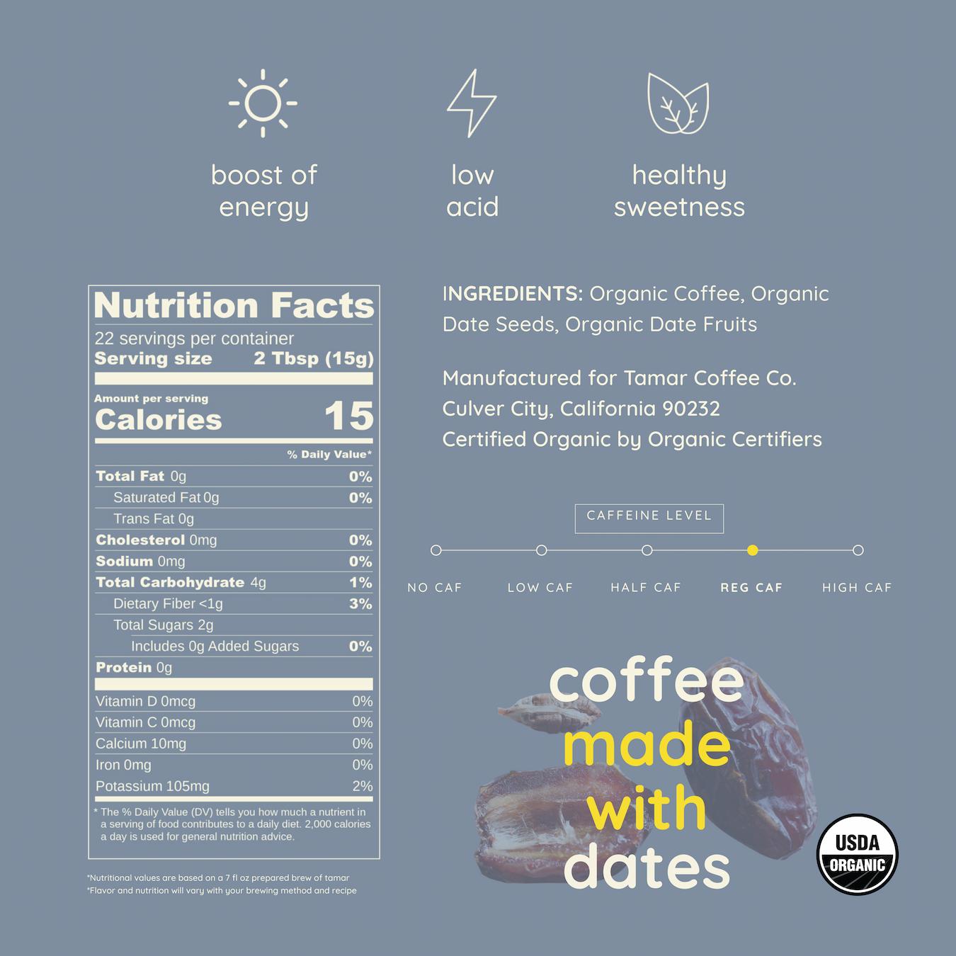 Tamar Elevate Ingredients Nutritional Panel Fiber Potassium Date Coffee